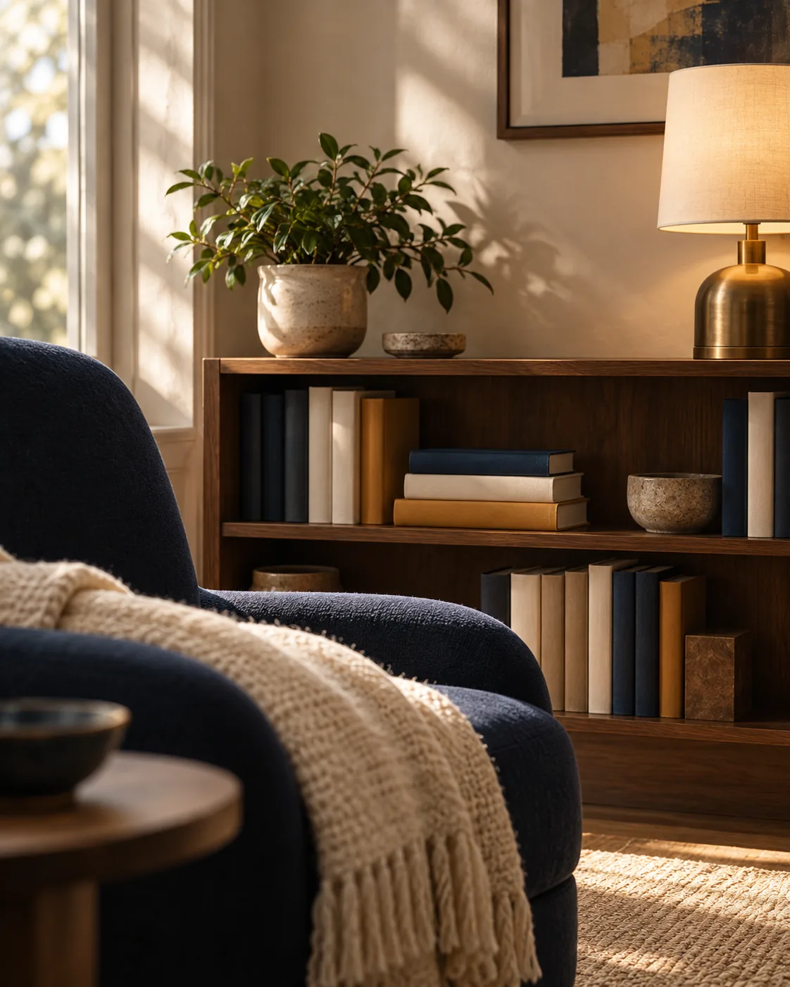 A reading corner with a walnut bookshelf, a lamp, a plant and a soft throw on a navy chair