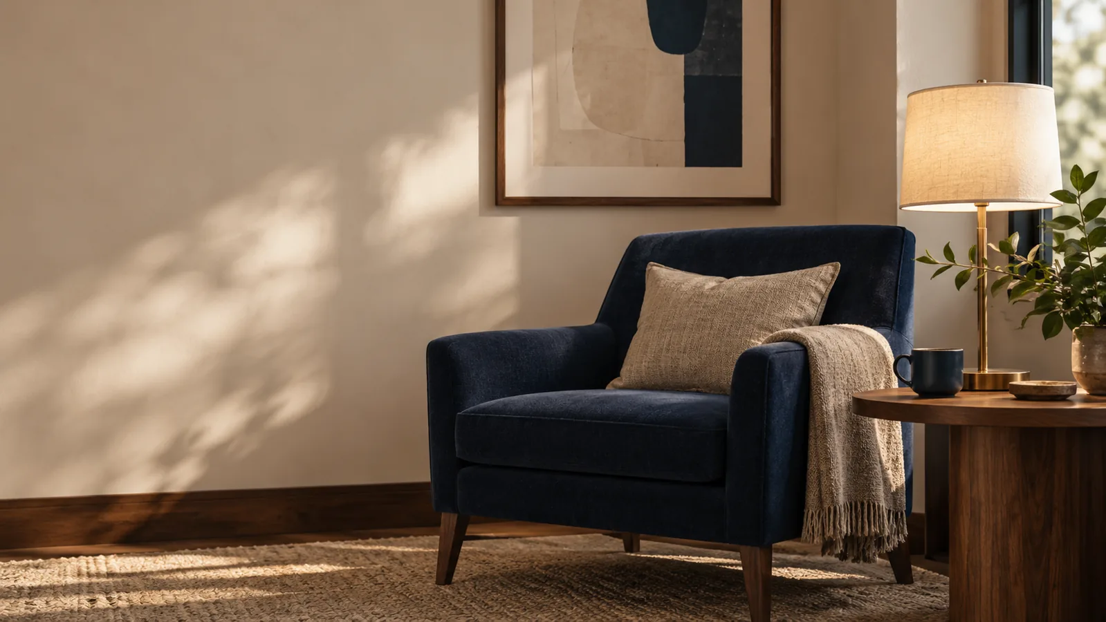 A navy armchair with a throw beside a walnut table, lamp and plant in soft window light